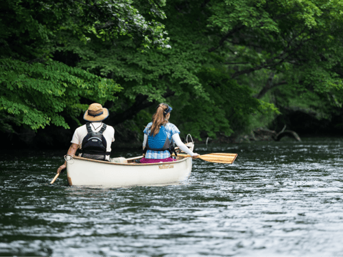 2 visitors canoeing down a calm stretch of the Chitose river