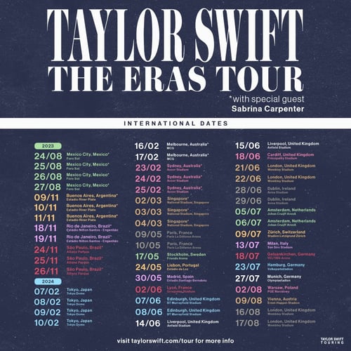 Taylor Swift演唱會2024 東京 新加坡站時間表