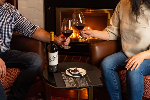 A couple toasts with glasses of red wine in front of a cosy fireplace, enjoying a romantic moment.