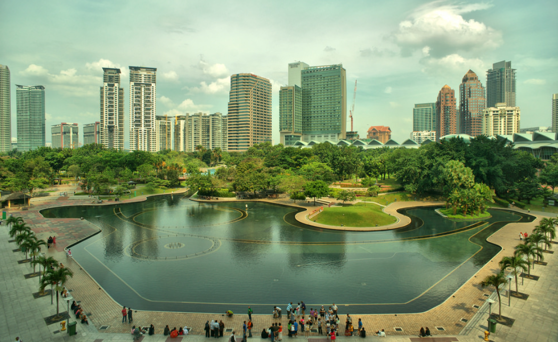 A drone shot of KLCC Park, a must-visit destination in Kuala Lumpur