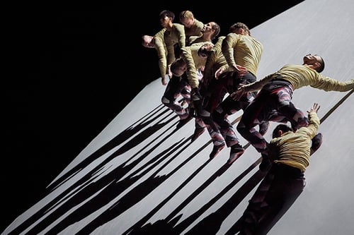 A group of dancers performing a dynamic routine, their shadows cast dramatically on the ground.