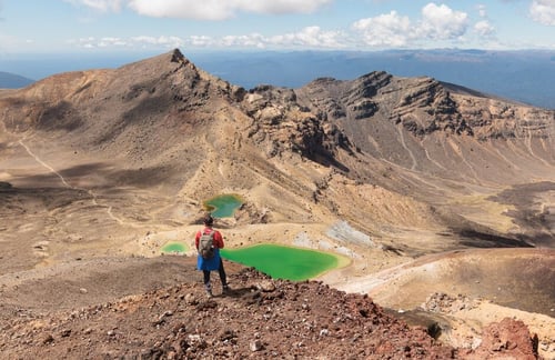 A hiker stands atop the Tongariro Alpine Crossing, overlooking a volcanic landscape