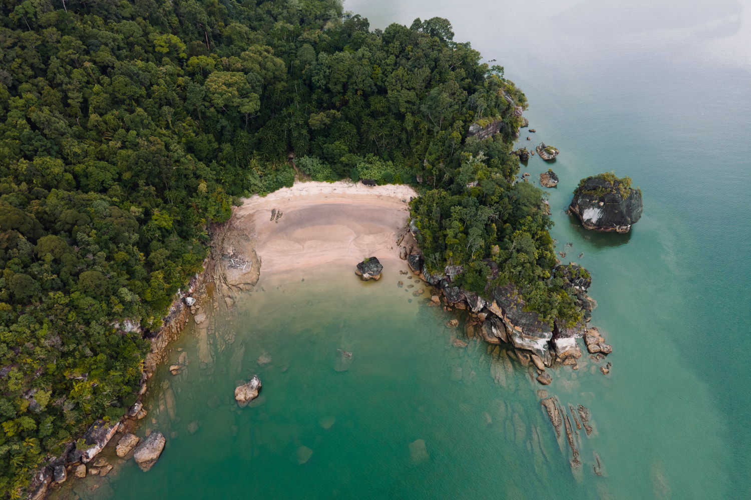 An aerial view of the Seahorse rock formation at Bako National Park