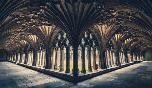 Cloisters of Canterbury Cathedral, an iconic feature of the famous UK attraction