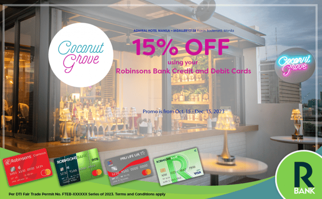 robinsons bank credit card promo - 15% off coconut grove