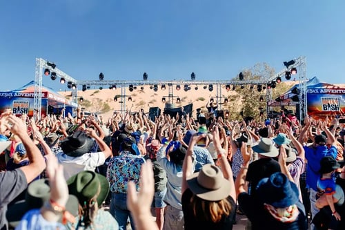 Crowds enjoying live performances at the Brisbane Festival, an annual event celebrating arts and culture