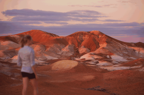 Desert hills bathed in the warm light of dusk, with a person gazing at the scenery.