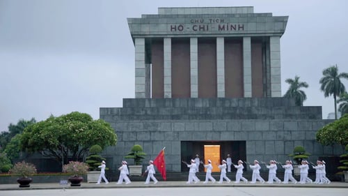 Front view of the imposing Ho Chi Minh Mausoleum in Hanoi