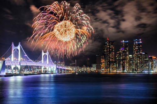 Gwangan Bridge illuminated at night, a top tourist attraction in Busan