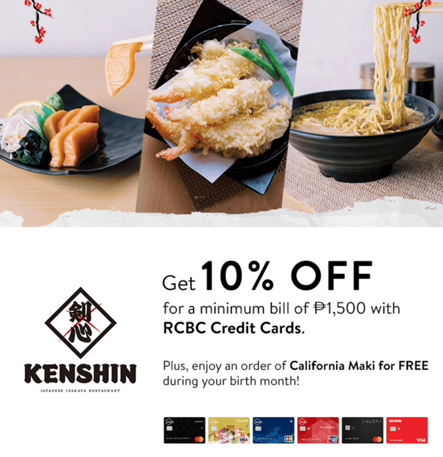 rcbc credit card promos 2023 - 10% Discount at Kenshin Izakaya
