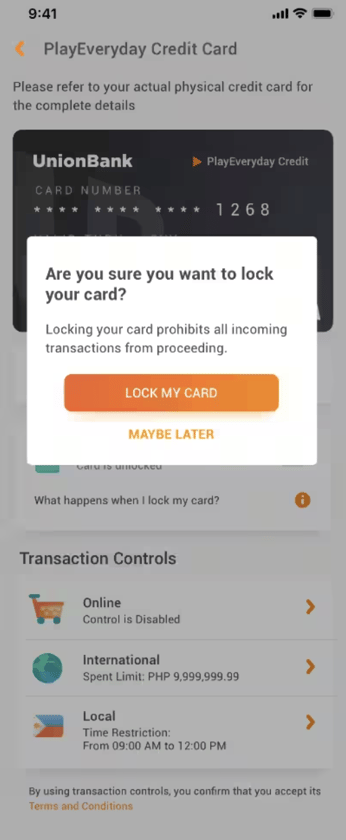 ub online banking - lock credit card