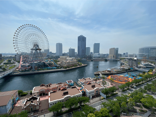 Panorama of Yokohama Cosmo World amusement park with rides and attractions