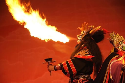 Performers in elaborate costumes at Shu Feng Ya Yun, highlighting one of the many cultural things to do in Chengdu.