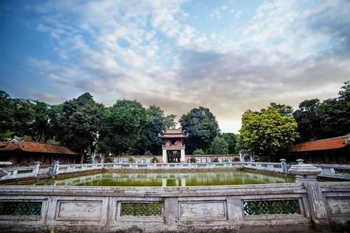 Serene view of the Temple of Literature in Hanoi, showcasing its traditional Vietnamese architecture