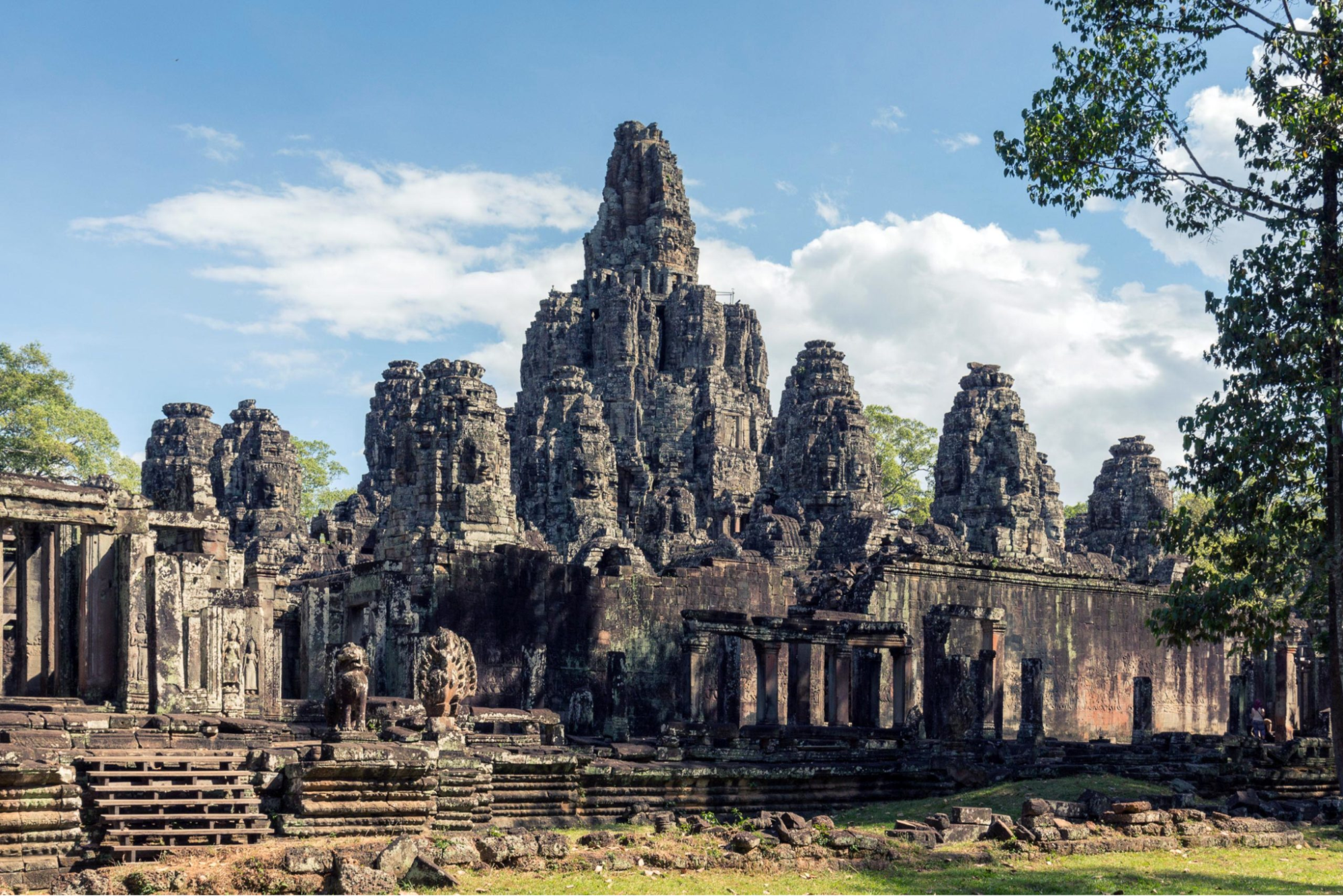 The Bayon Temple is known for its massive stone faces that adorn the temple towers