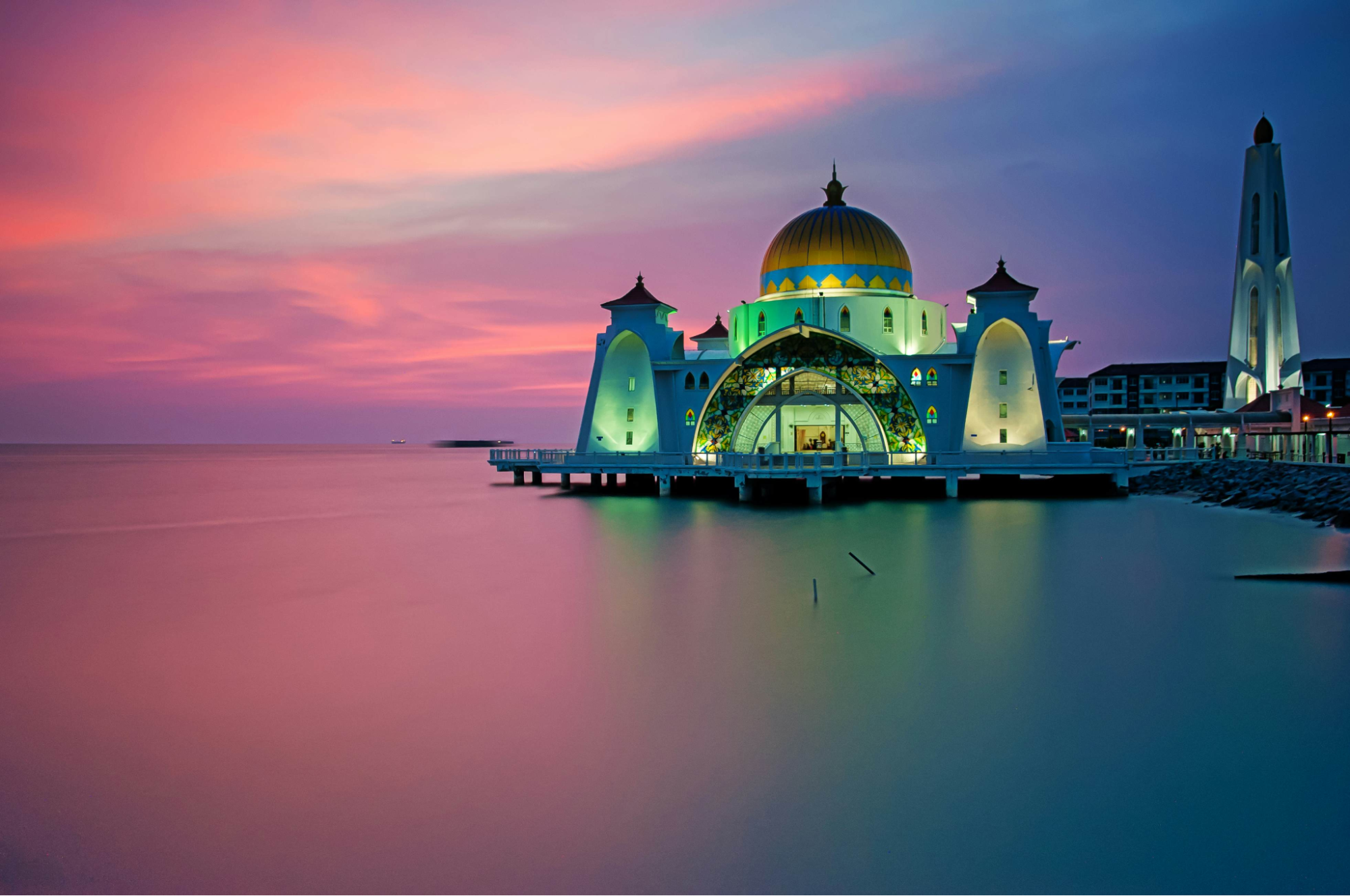 The Malacca Straits Mosque, a historical attraction, at sunset