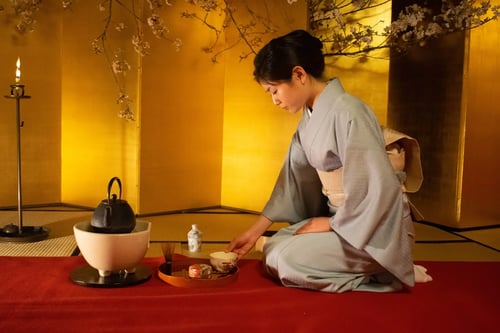 The traditional tea ceremony in Kyoto emphasises the art of tea preparation and serving.