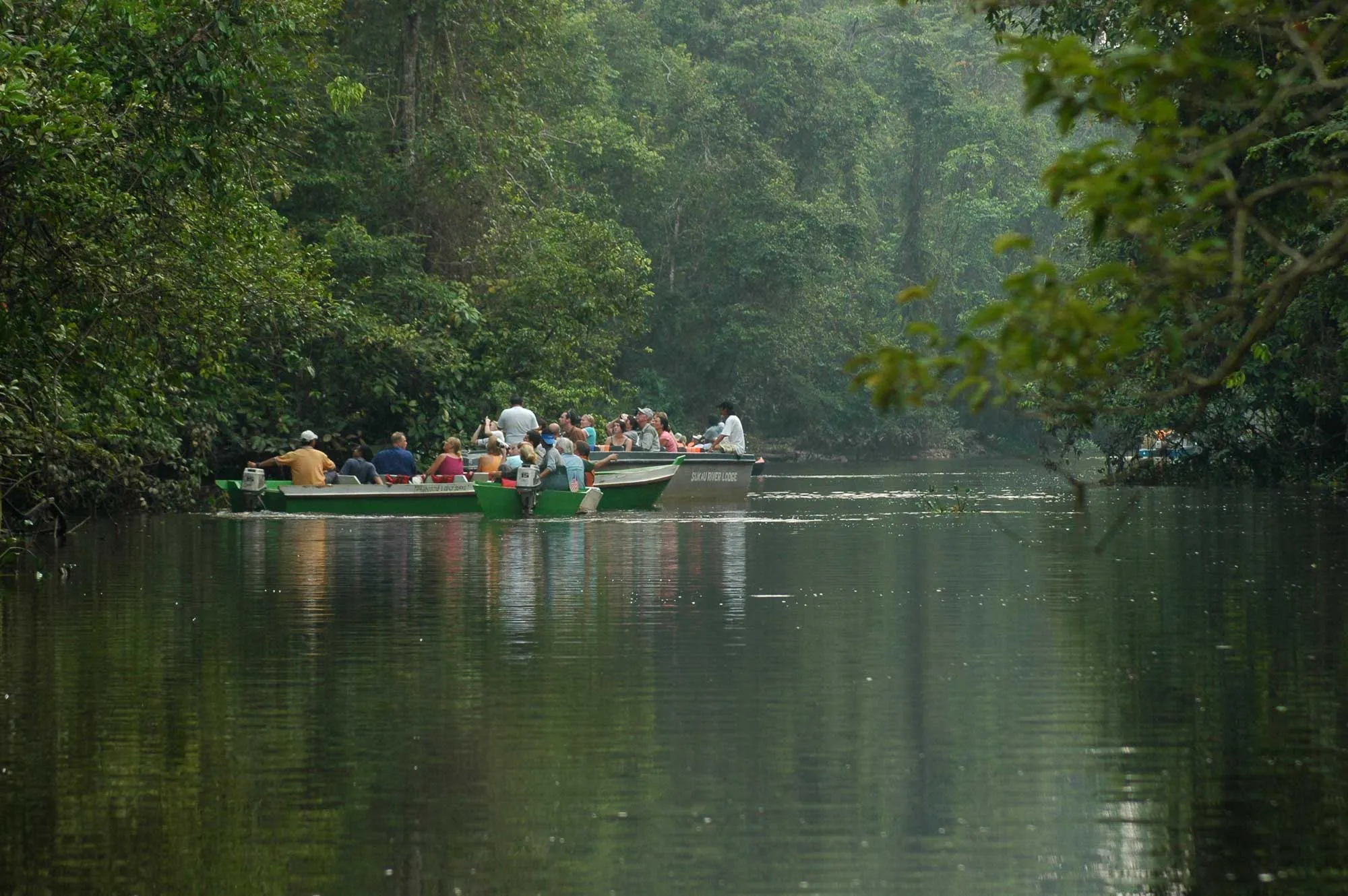 Tourists in boats on the Kinabatangan River, a popular thing to do in Sabah