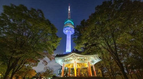 View of Namsan Seoul Tower at night from the city