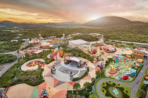 aerial view of shinhwa theme park, a great addition to a jeju itinerary