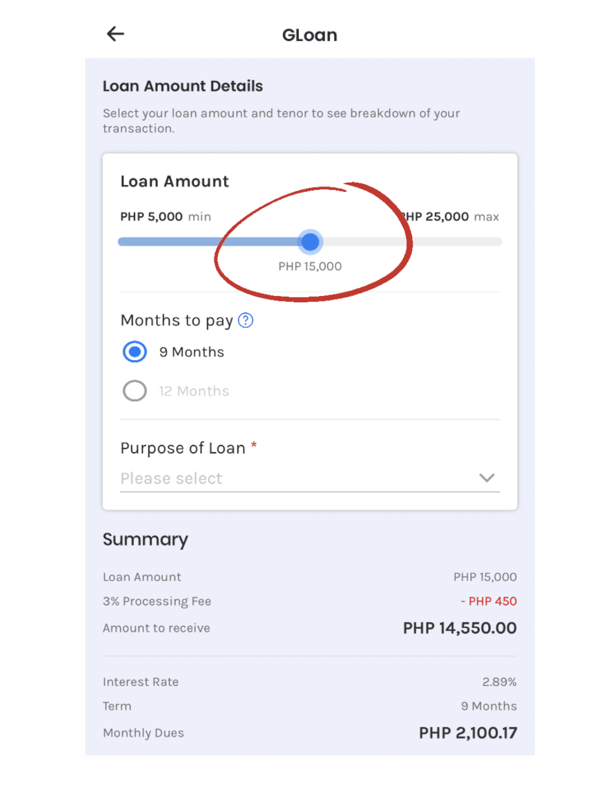 gcash loan - select loan tenor
