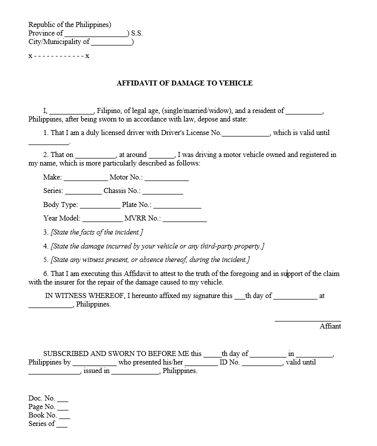 Affidavit of Car Insurance Claim - affidavit of damage to vehicle template