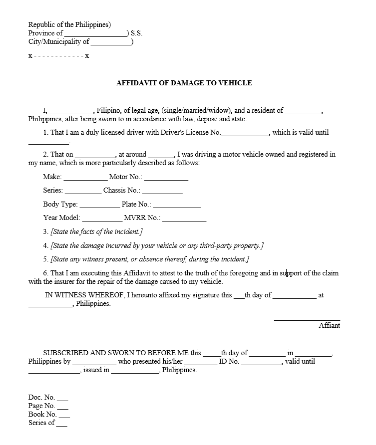 Affidavit of Car Insurance Claim - affidavit of damage to vehicle template