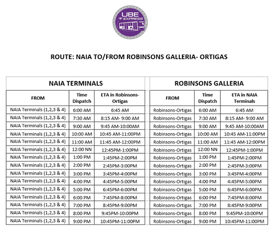 UBE Express Robinsons Galleria to NAIA List of Terminals
