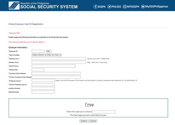 SSS online employer registration page