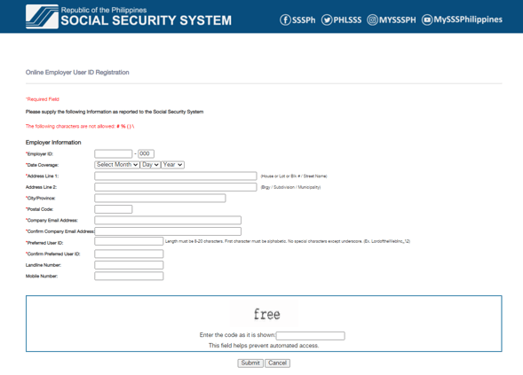 SSS online employer registration page