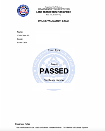 lto exam - sample online validation exam results