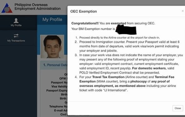 OEC Exemption - confirmation message