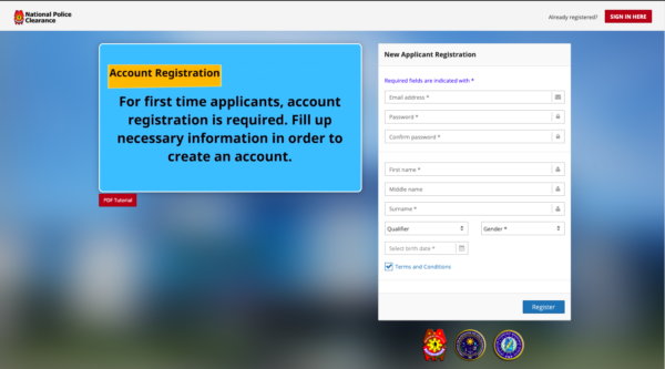 how to get police clearance online - register for an online account