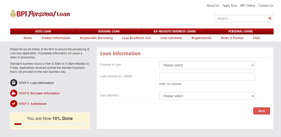 bpi personal loan application - online form