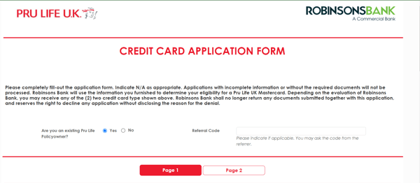 robinsons bank pru life credit card - online application
