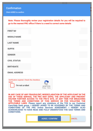 PRC online registration appointment - confirmation