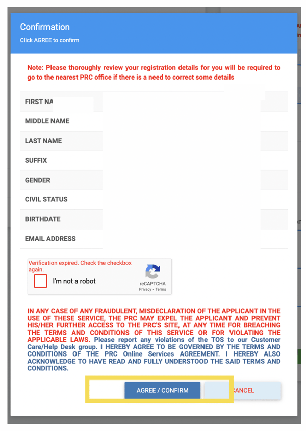 PRC online registration - confirmation