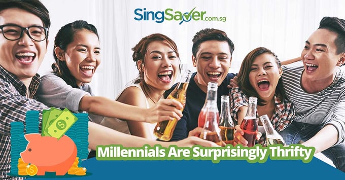group of 6 friends clinking bottles to drink - SingSaver