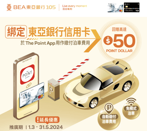東亞銀行信用卡－綁定於The Point App繳付泊車費用享高達$50 POINT DOLLAR