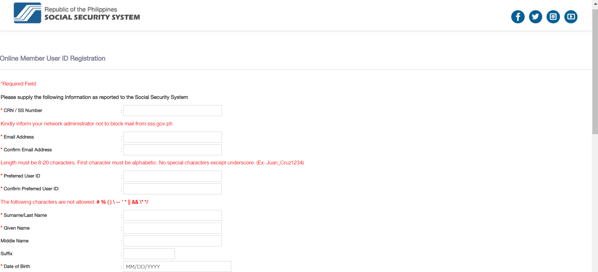 sss online registration - required info