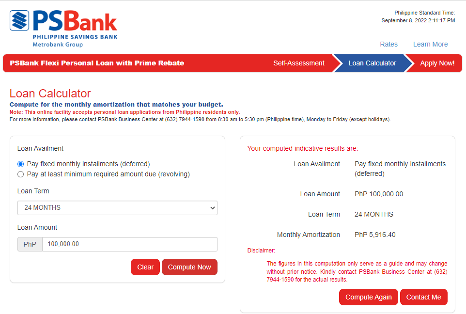 psbank flexi loan application - online calculator