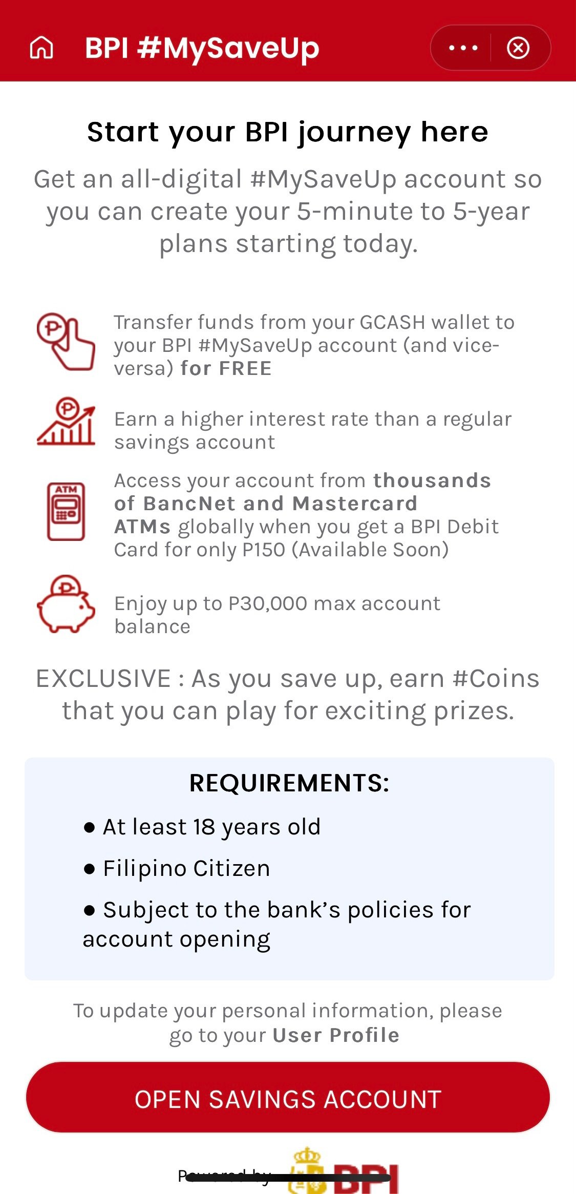 bpi mysaveup - requirements