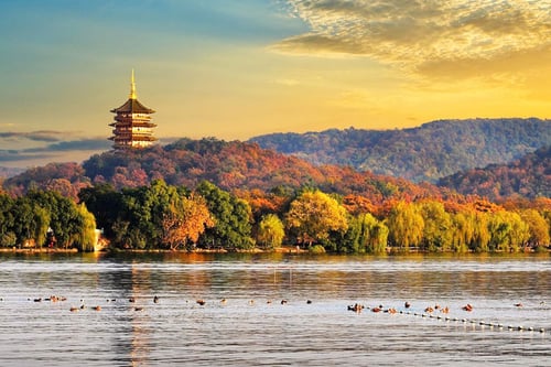 sunrise over west lake, hangzhou