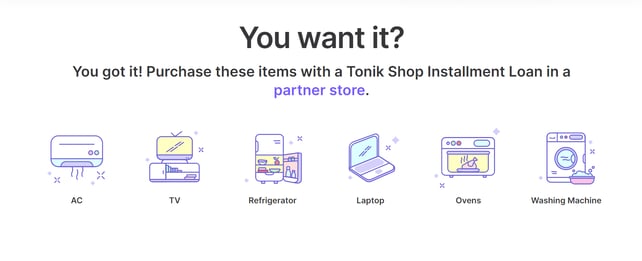 tonik loan application - shop installment features