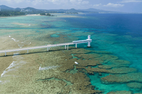 wide shot of busena marine park’s pier at low tide