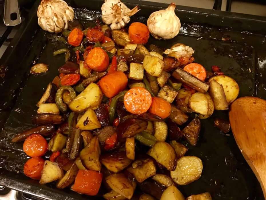 Home cooked roasted vegetables for the pot luck dinner