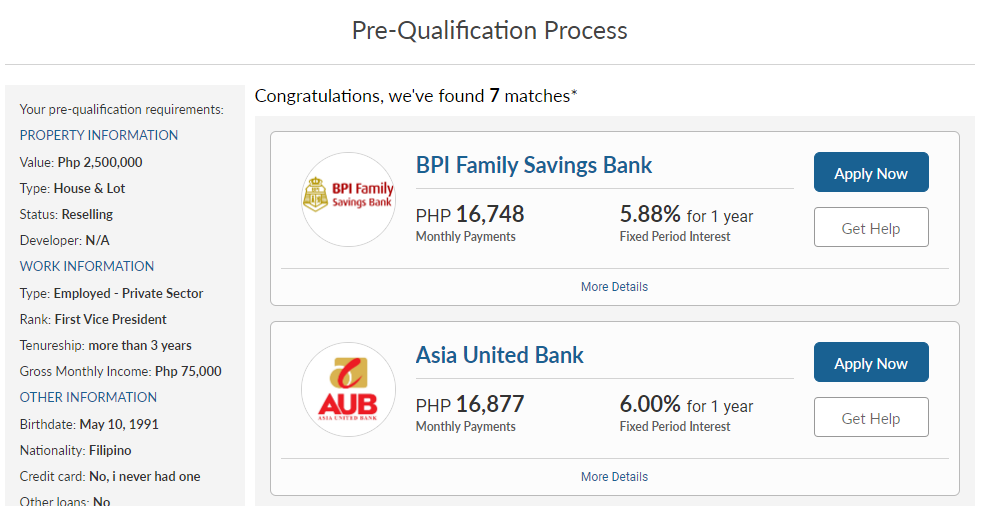 online home loan application - pre-qualification results