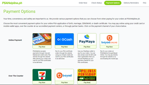 PSA online application - PSAHelpline payment options
