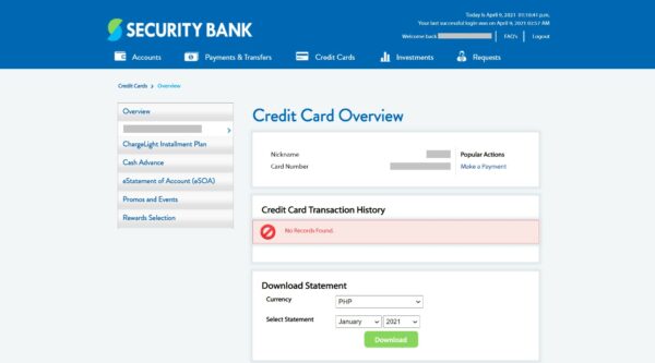 how to check security bank credit card balance