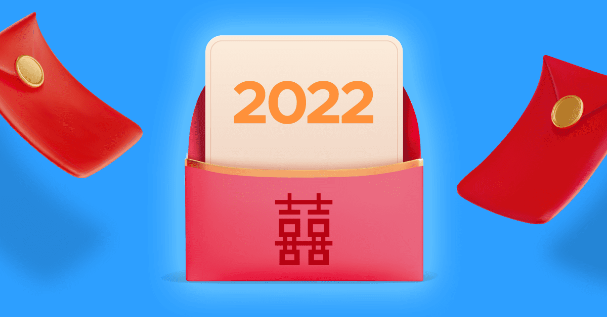 red ang bao for weddings with a paper saying 2022 against a blue background